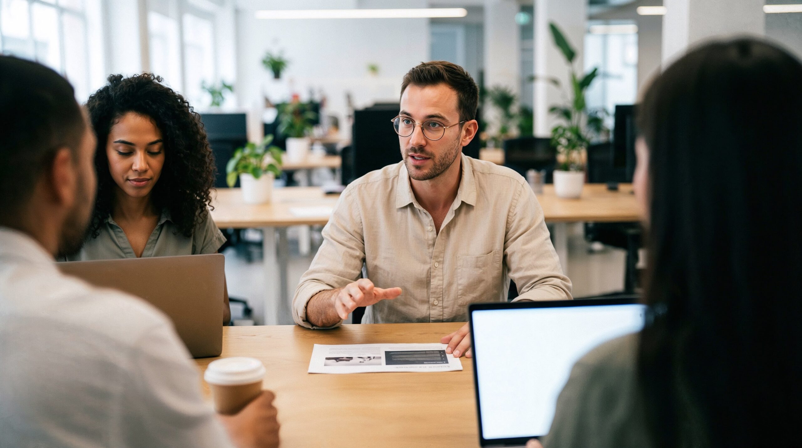 Teammeeting mit vier Personen: Ein Mann erklärt etwas, während andere zuhören oder am Laptop arbeiten